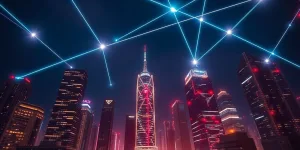 Futuristic cityscape with glowing network lines.
