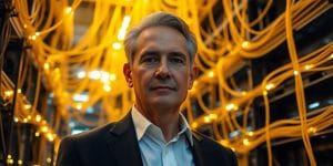 Optus CEO with futuristic telecommunications background.