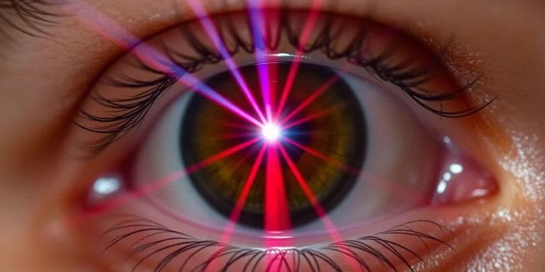 Close-up of a human eye with a laser beam.