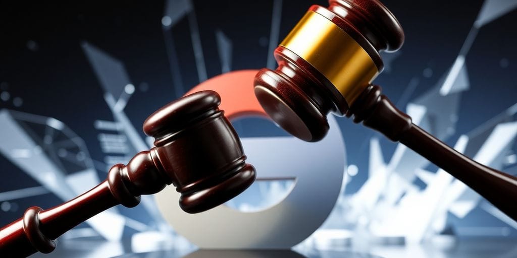 Google logo facing a gavel striking.