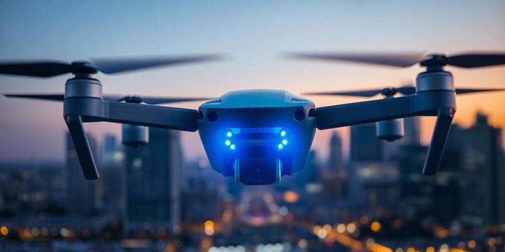 Drone flying near futuristic cityscape.