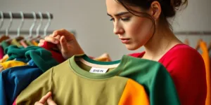 Woman examining SHEIN clothing items.