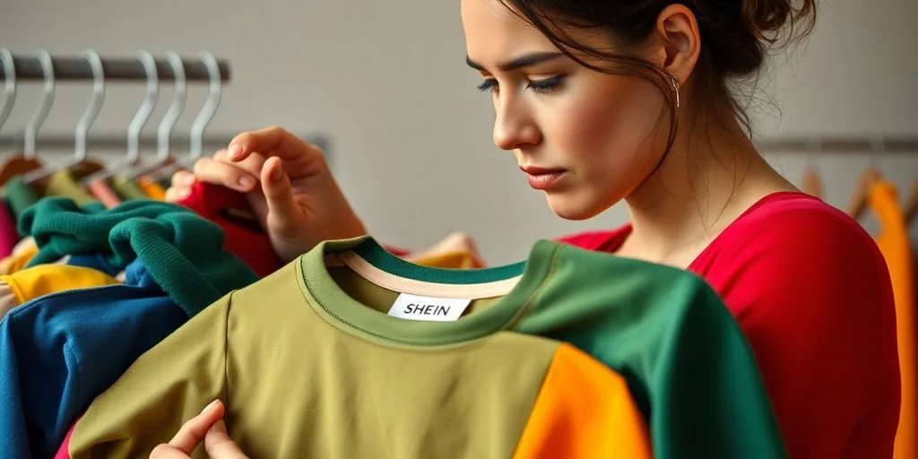 Woman examining SHEIN clothing items.