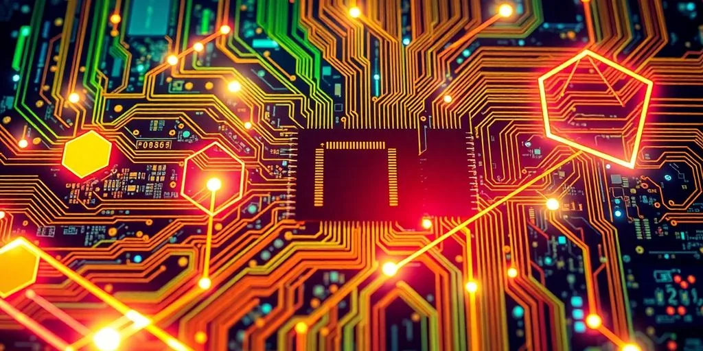 Computer circuits and glowing geometric shapes.