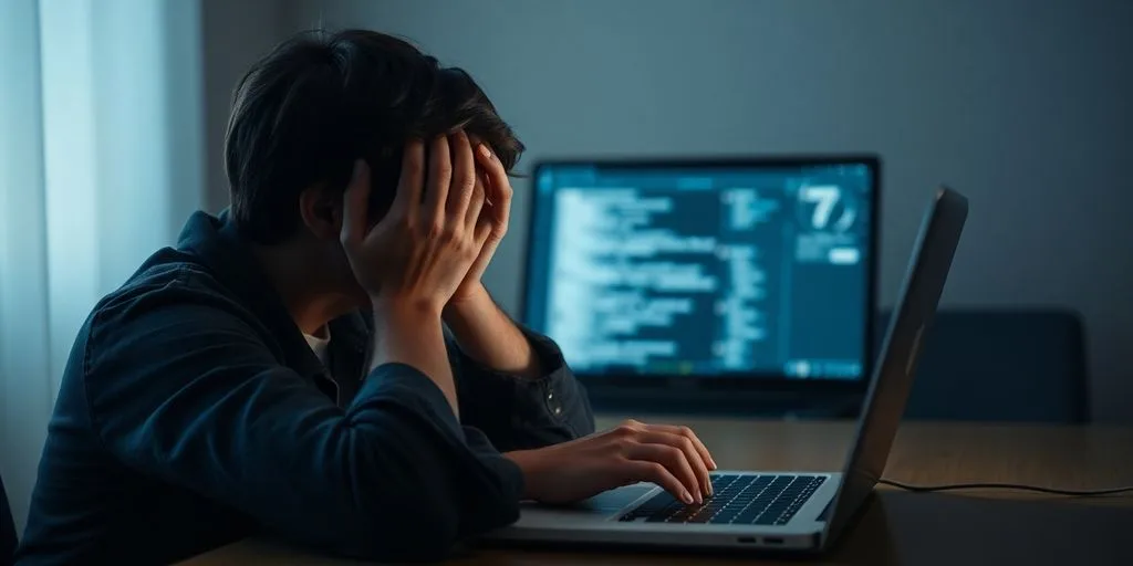 Person looking frustrated at a laptop screen.