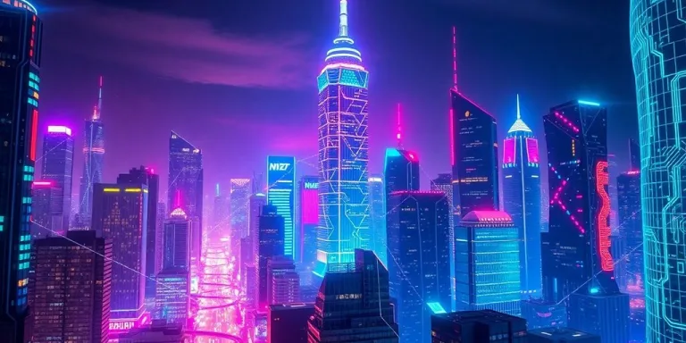 Futuristic cityscape with glowing circuits.