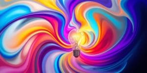 Colorful abstract swirls forming a lightbulb.