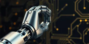 Robotic arm interacting with advanced technology.