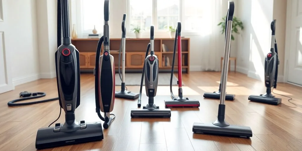 Modern vacuum cleaners on a clean floor.