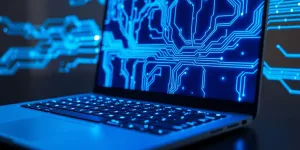 Laptop with glowing circuit board pattern.