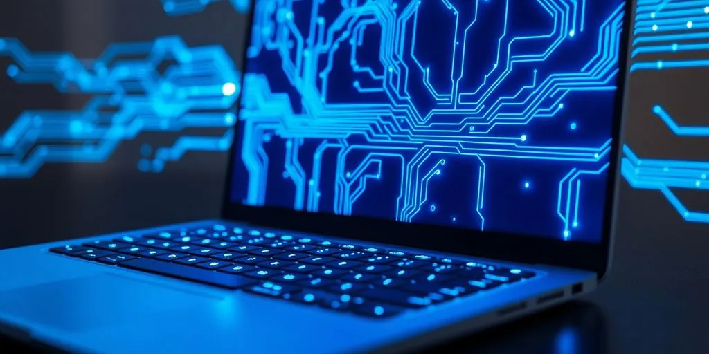 Laptop with glowing circuit board pattern.