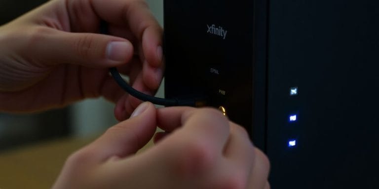 Person fixing an internet modem with tools.