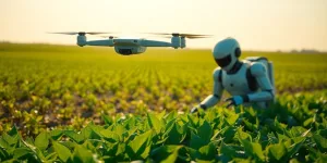 Futuristic farm with drone and robot working.