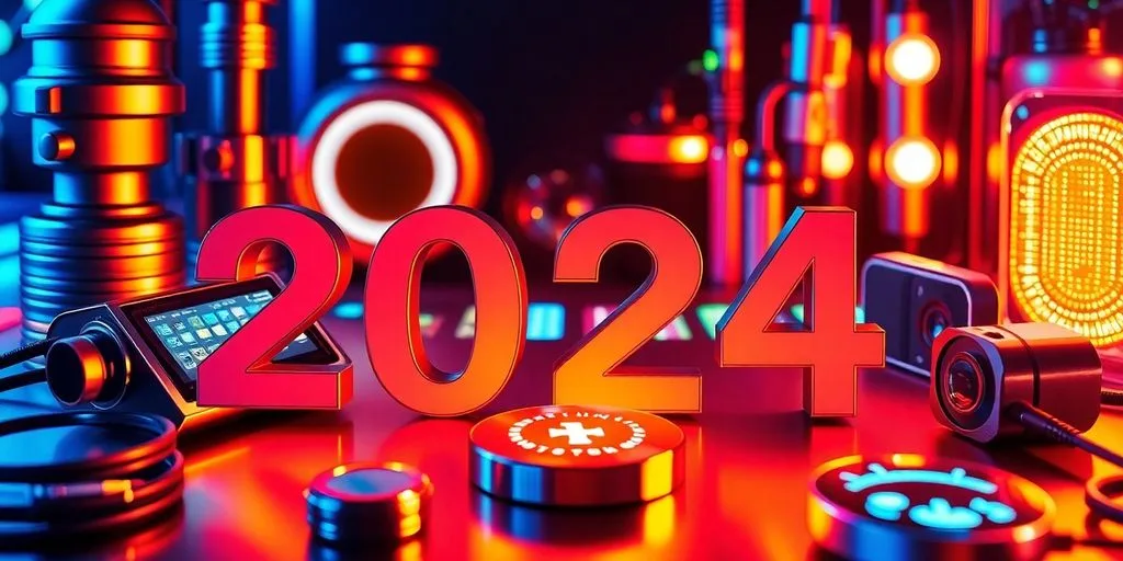 Futuristic inventions glowing against a dark background.