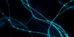 Java code streams with futuristic glowing network connections.