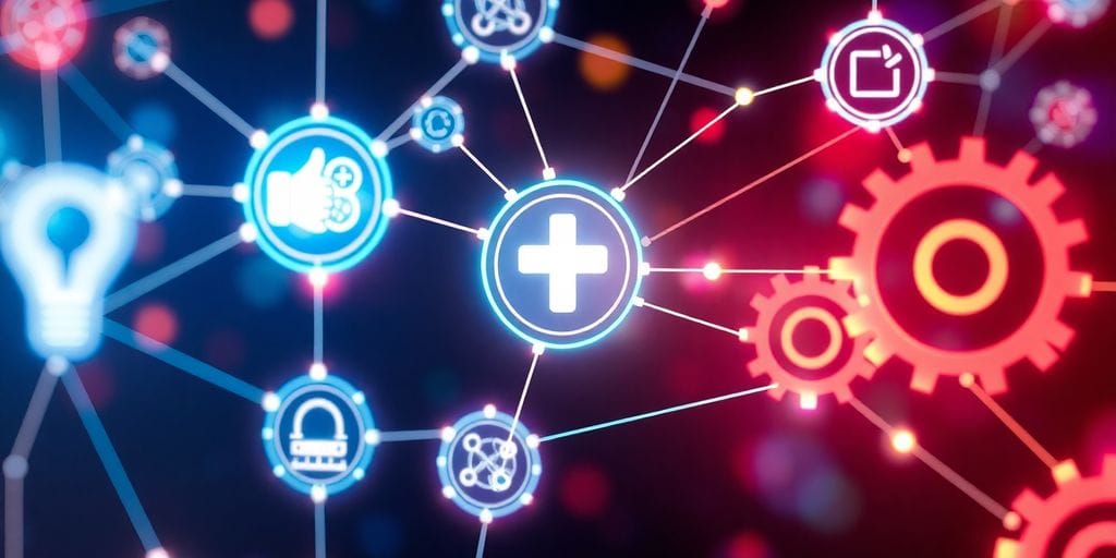 Abstract digital network connecting medical, educational, and industrial icons.