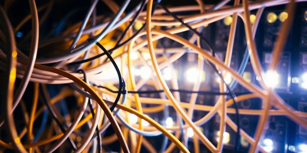 Connected wires and glowing network nodes.