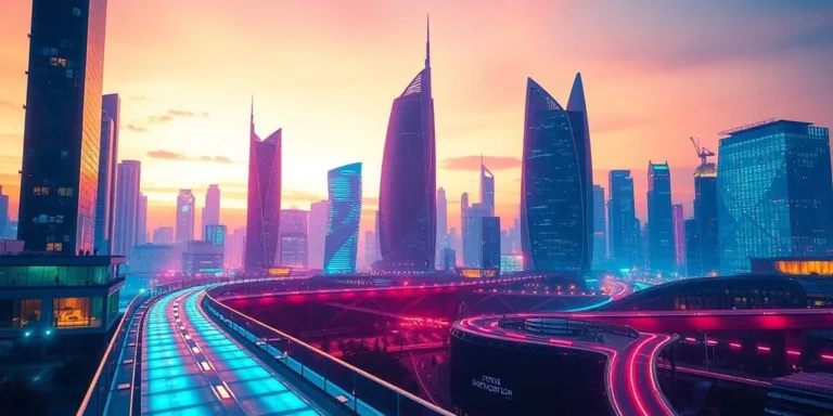 Futuristic cityscape with glowing pathways.