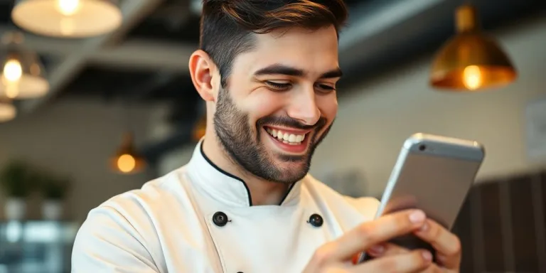 Restaurant owner looking at positive online reviews.