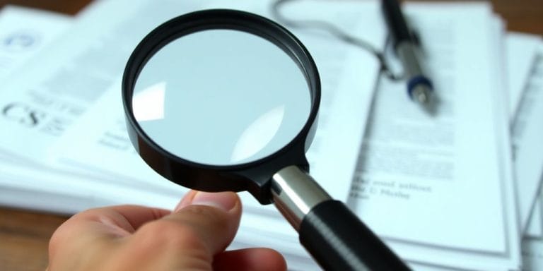 Magnifying glass over documents.