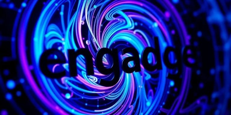 Engadget logo with abstract tech patterns.
