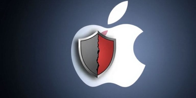 Apple logo with a cracked shield icon.