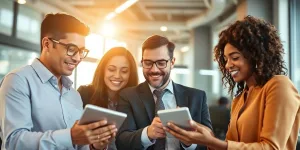 Business professionals collaborating with technology.