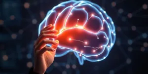 Person working with glowing digital brain interface.