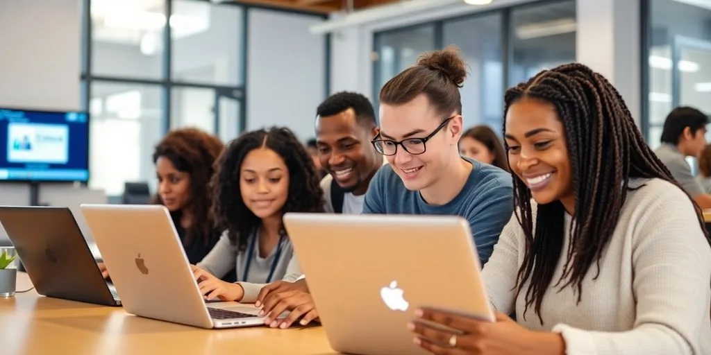 Person using a modern laptop in a bright classroom.