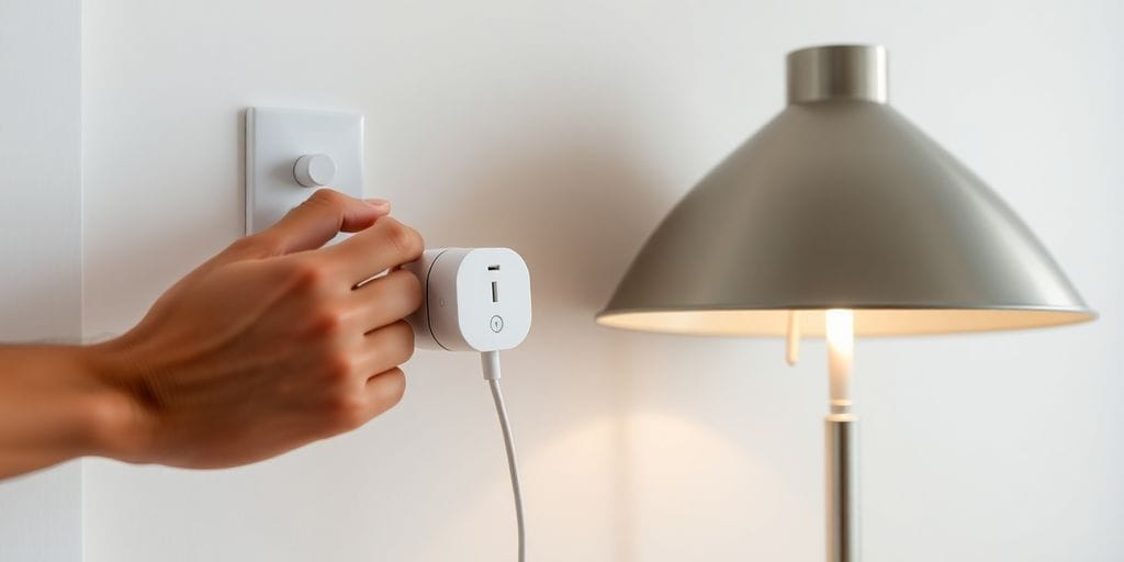 Smart plug connected to a wall outlet next to a lamp.